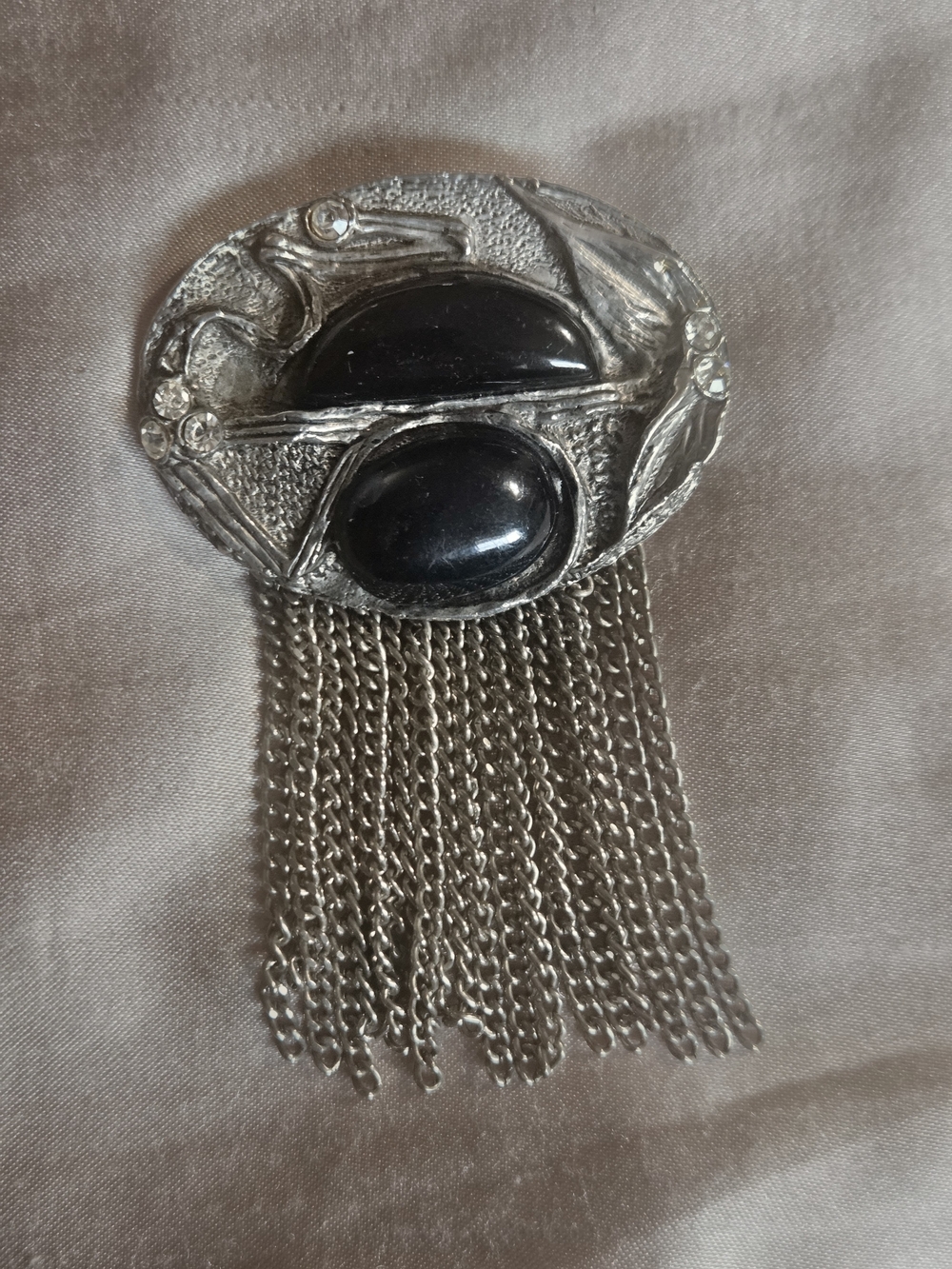 Vintage Silver Tone Modernist Brutalist Waterfall Brooch W/ Black Stones